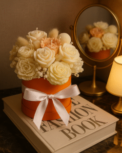 Bouquet de fleurs en cire vegetale dans une boite orange avec noeud en satin blanc,posé sur un livre décoratif.
