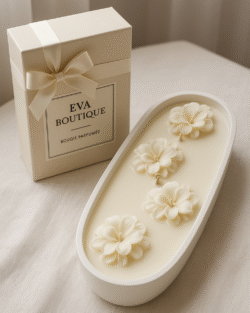Bougie Douceur Eva Boutique -bougie parfumée artisanale florale avec contenant fait main en jesmonite.